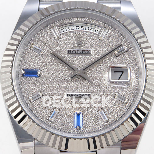 Rolex Day-Date 40 228239 QF Pave Blue Markers Steel President JH3255 V9 replica - dial closeup