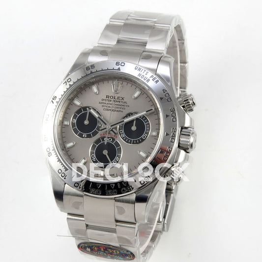 Rolex Daytona 116509 VF replica - original grey-silver dial, black chronograph counters, luminous baton markers and silver tachymeter bezel