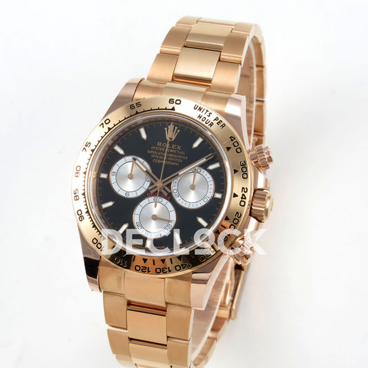 Rolex Daytona 126505 BTF replica - original black dial, full silver chronograph faces, luminous baton markers and rose-gold tachymeter bezel