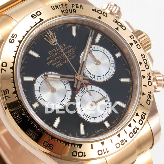Rolex Daytona 126505 BTF replica - original black dial, full silver chronograph faces, luminous baton markers and rose-gold tachymeter bezel