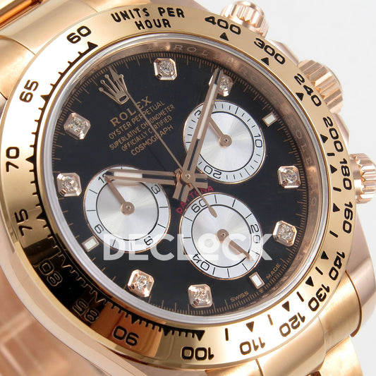 Rolex Daytona 126505 BTF replica - original black dial, silver chronograph faces, clear square gem-set markers and rose-gold tachymeter bezel