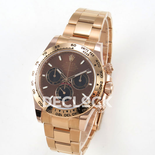 Rolex Daytona 126505 BTF replica - original brown sunburst dial, black chronograph counters with thin rose-gold rings, luminous baton markers and rose-gold tachymeter bezel