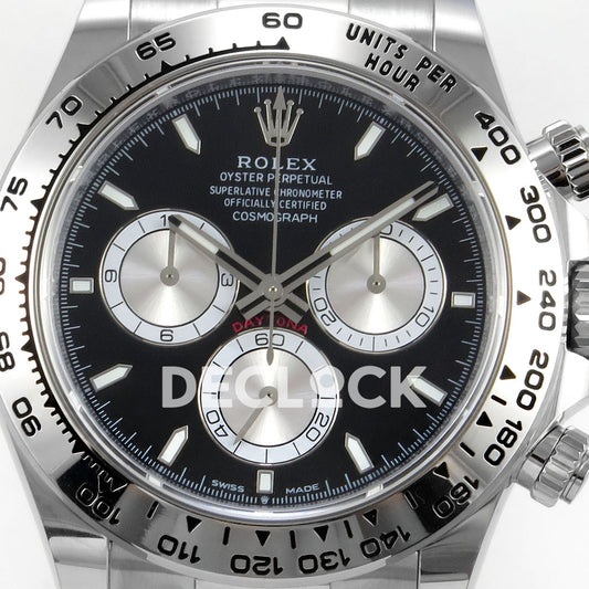 Rolex Daytona 126509 BTF replica - original black dial, silver chronograph faces, luminous baton markers and silver tachymeter bezel