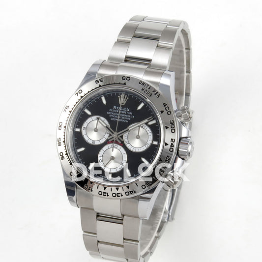 Rolex Daytona 126509 BTF replica - original black dial, silver chronograph faces, luminous baton markers and silver tachymeter bezel