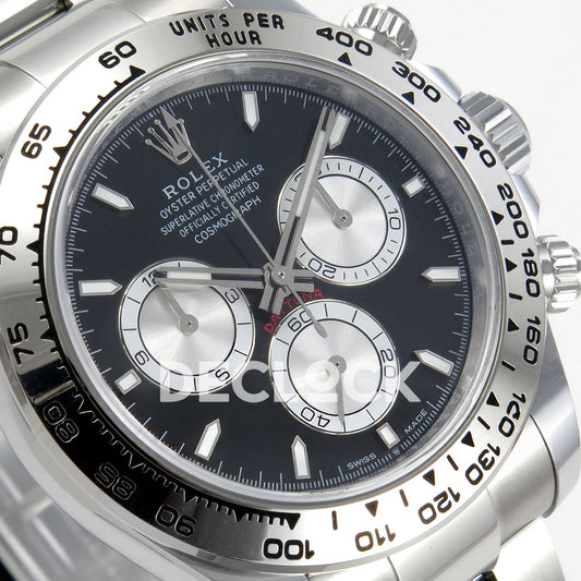 Rolex Daytona 126509 BTF replica - original black dial, silver chronograph faces, luminous baton markers and silver tachymeter bezel