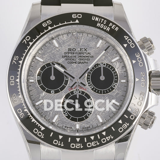 Rolex Daytona 126519 ARF replica - original grey meteorite-pattern dial, black chronograph counters, silver hands and luminous baton markers, black ceramic tachymeter bezel and black Oysterflex strap