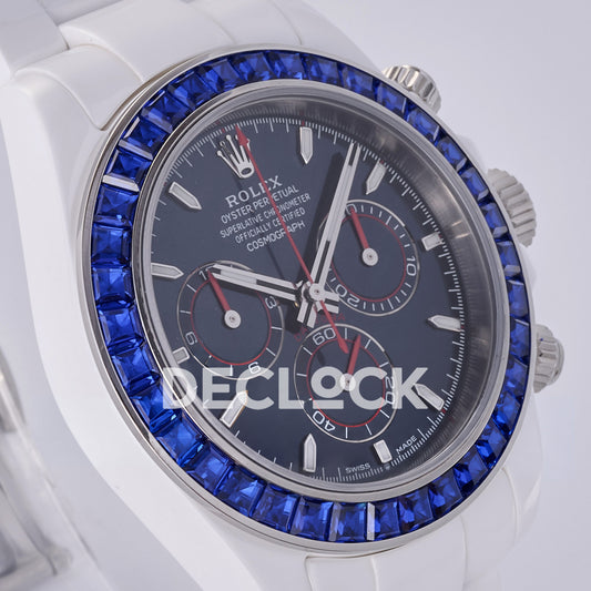 Rolex Daytona ADGF replica - original dark navy AET Remould dial, thin silver counter outlines, red chronograph tracks and hands, blue faceted gem bezel and white ceramic case