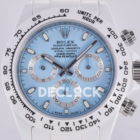 Rolex Daytona ADGF replica - original light blue AET Remould dial, silver chronograph rings with thin black tracks, silver hands and hour markers, white tachymeter bezel with black numerals and white ceramic case