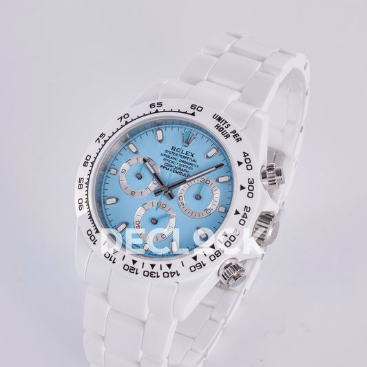 Rolex Daytona ADGF replica - original light blue AET Remould dial, silver chronograph rings with thin black tracks, silver hands and hour markers, white tachymeter bezel with black numerals and white ceramic case