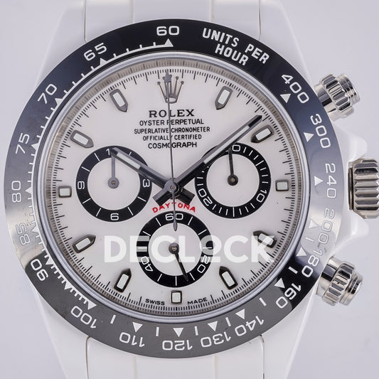 Rolex Daytona ADGF replica - original white AET dial, black chronograph counter rings, silver hands and hour markers, black tachymeter bezel and white ceramic case