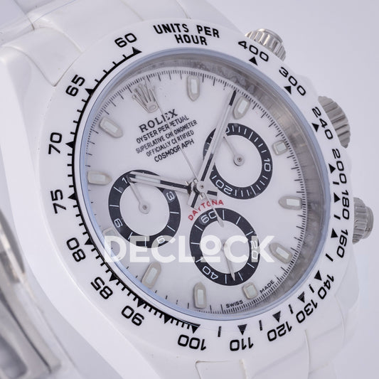 Rolex Daytona ADGF replica - original white dial, black chronograph rings and tracks, silver hands, luminous hour markers, black Rolex printing, red Daytona text, white ceramic tachymeter bezel and bracelet
