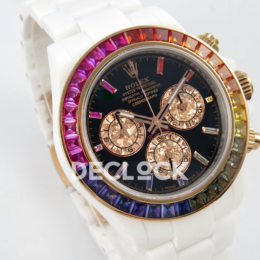 Rolex Daytona Custom Rainbow SONIC White Ceramic Black Dial SA4130 replica - front angle left