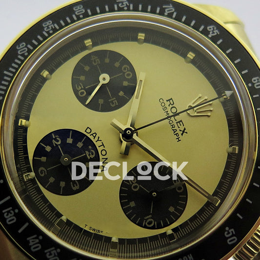 Rolex Daytona Vintage Cosmograph 6239 MSF gold black dial Jubilee Venus 75 replica - angled dial view
