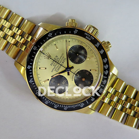 Rolex Daytona Vintage Tiffany 6239 MSF gold black dial Jubilee Venus 75 replica - angled front view