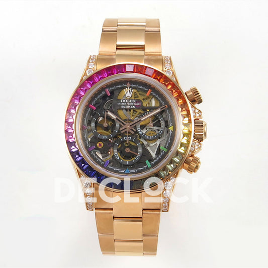Rolex Daytona Arolla Challenge Blaken Custom Rainbow Diamond Bezel SONIC Skeleton Dial RG Bracelet Super Clone SA4130