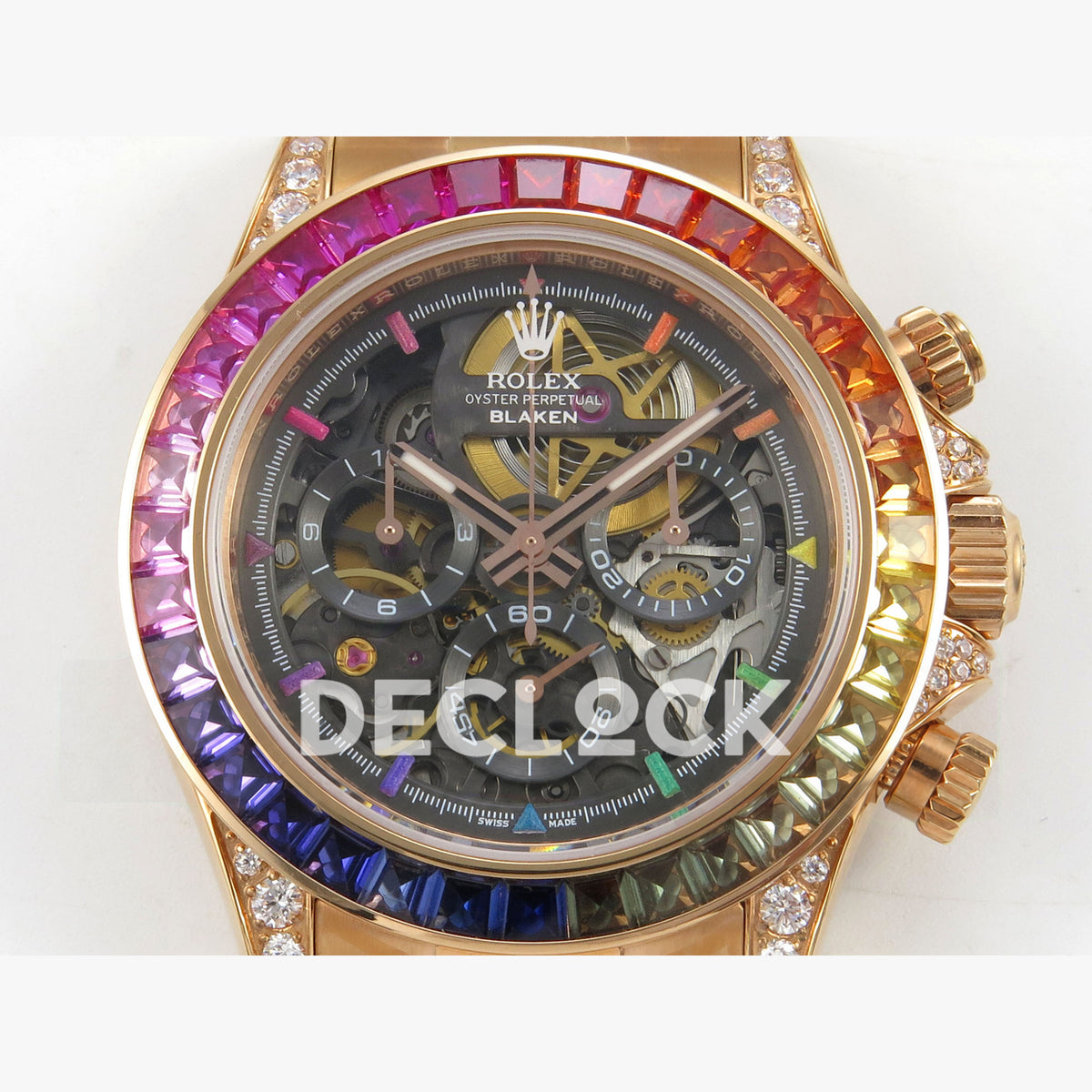 Rolex Daytona Arolla Challenge Blaken Custom Rainbow Diamond Bezel SONIC Skeleton Dial RG Bracelet Super Clone SA4130