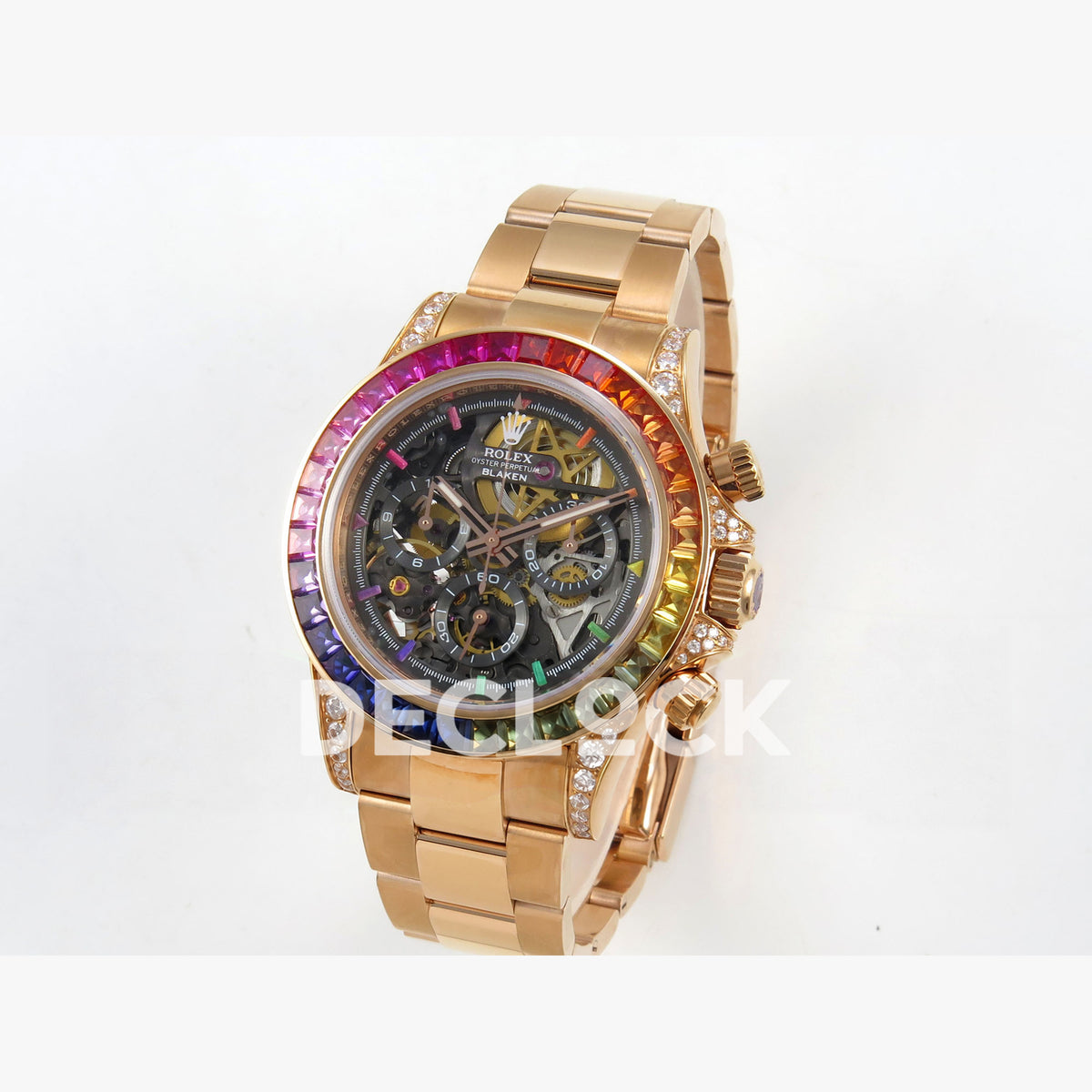Rolex Daytona Arolla Challenge Blaken Custom Rainbow Diamond Bezel SONIC Skeleton Dial RG Bracelet Super Clone SA4130