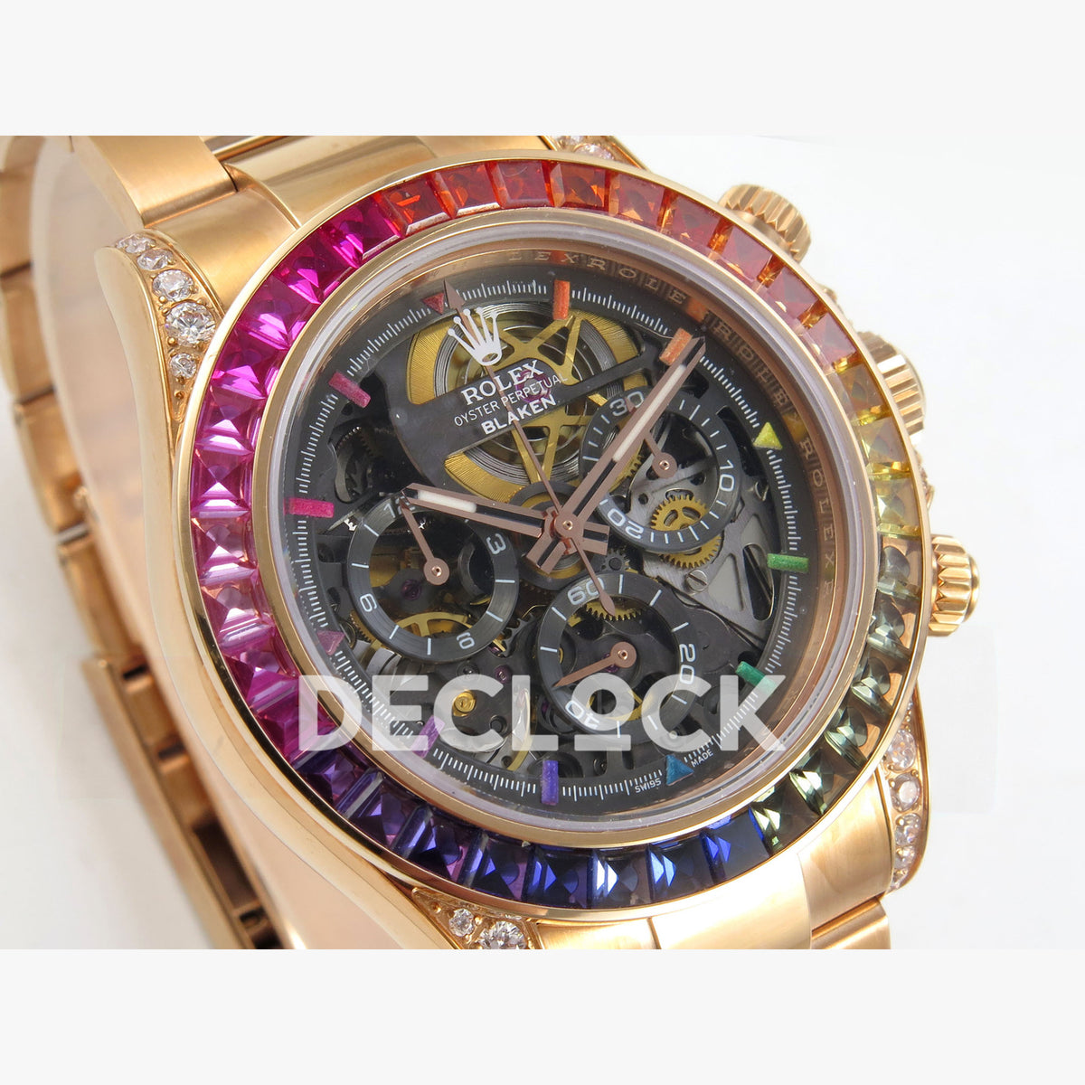 Rolex Daytona Arolla Challenge Blaken Custom Rainbow Diamond Bezel SONIC Skeleton Dial RG Bracelet Super Clone SA4130