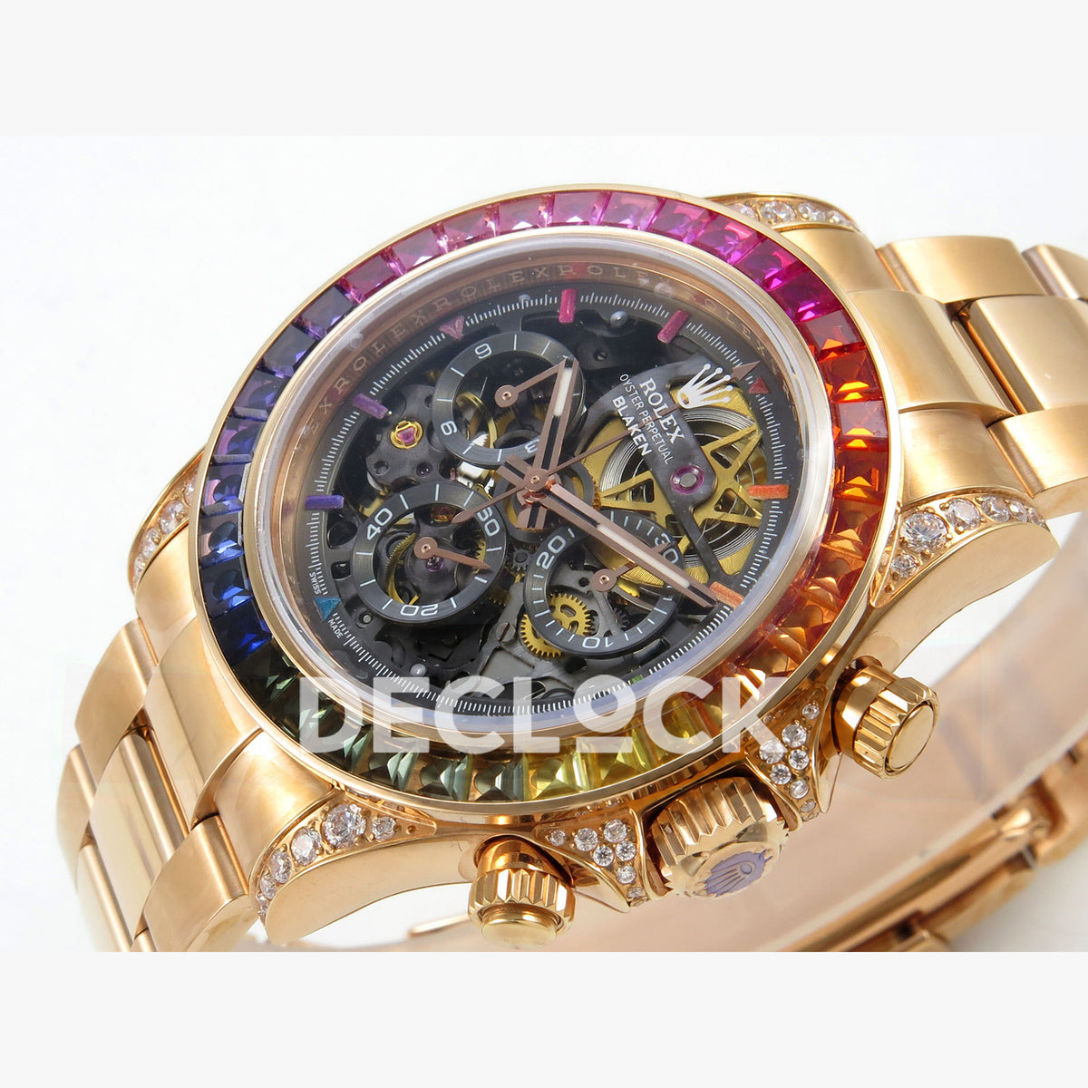 Rolex Daytona Arolla Challenge Blaken Custom Rainbow Diamond Bezel SONIC Skeleton Dial RG Bracelet Super Clone SA4130