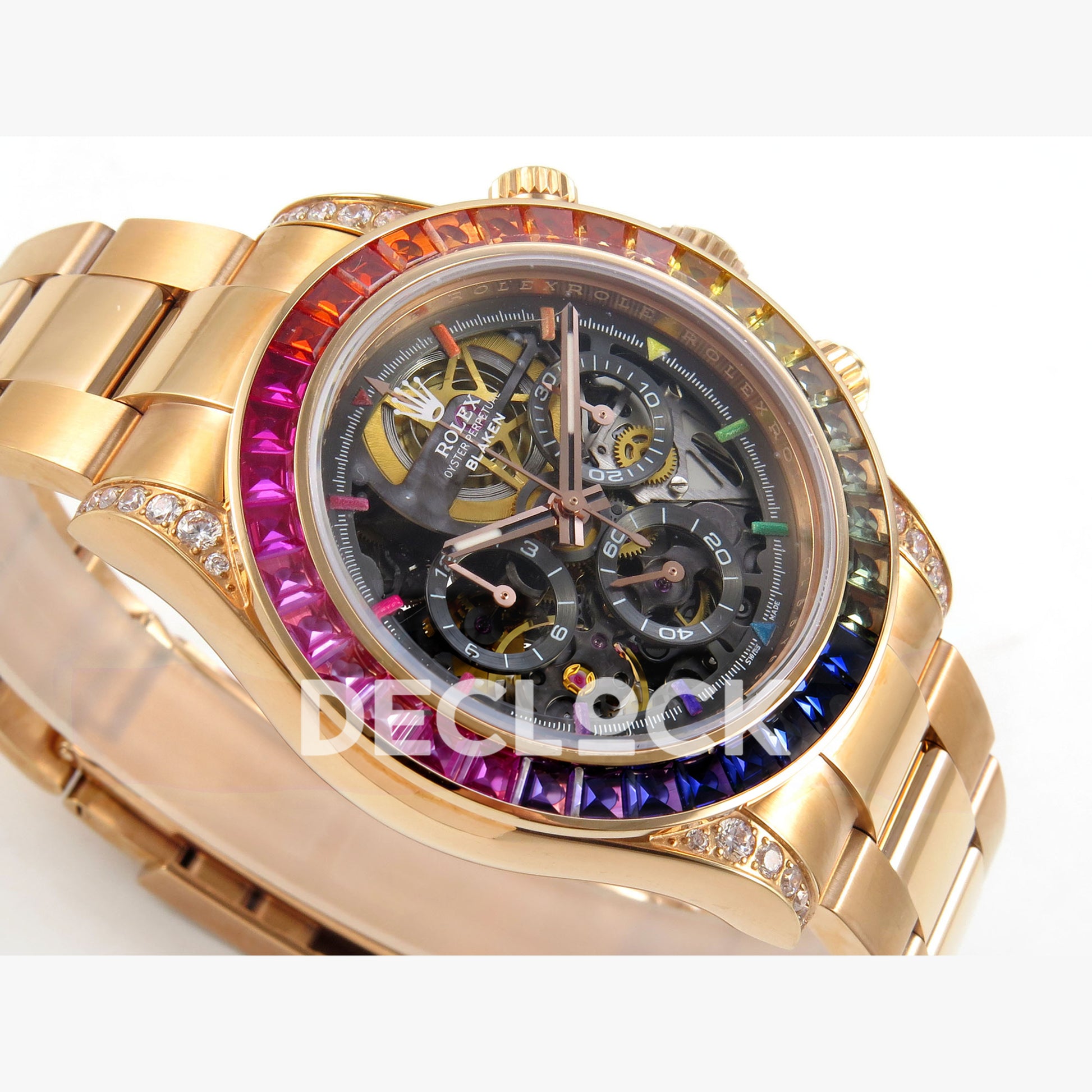 Rolex Daytona Arolla Challenge Blaken Custom Rainbow Diamond Bezel SONIC Skeleton Dial RG Bracelet Super Clone SA4130