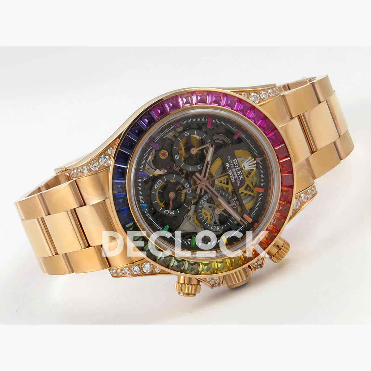 Rolex Daytona Arolla Challenge Blaken Custom Rainbow Diamond Bezel SONIC Skeleton Dial RG Bracelet Super Clone SA4130