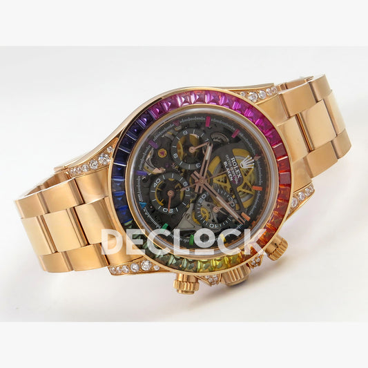 Rolex Daytona Arolla Challenge Blaken Custom Rainbow Diamond Bezel SONIC Skeleton Dial RG Bracelet Super Clone SA4130