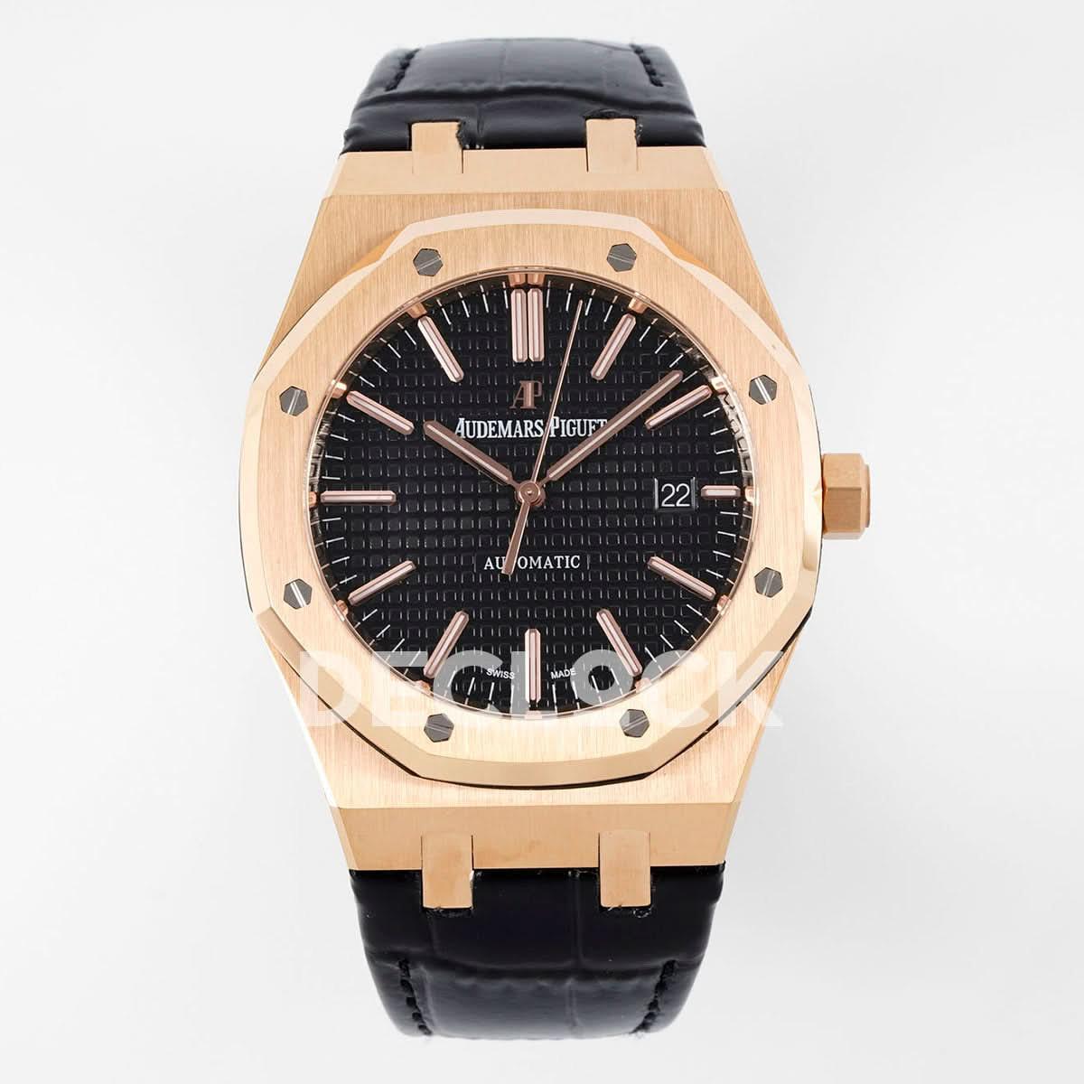 Replica Audemars Pigeut Royal Oak 41mm 15400 RG APSF Black Dial on Black Leather Strap |  Declock.