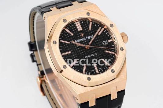 Replica Audemars Pigeut Royal Oak 41mm 15400 RG APSF Black Dial on Black Leather Strap | Declock.