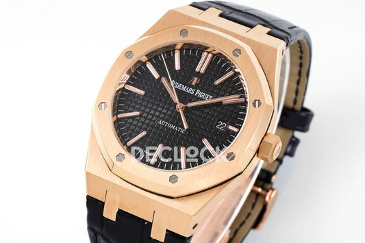 Replica Audemars Pigeut Royal Oak 41mm 15400 RG APSF Black Dial on Black Leather Strap | Declock.