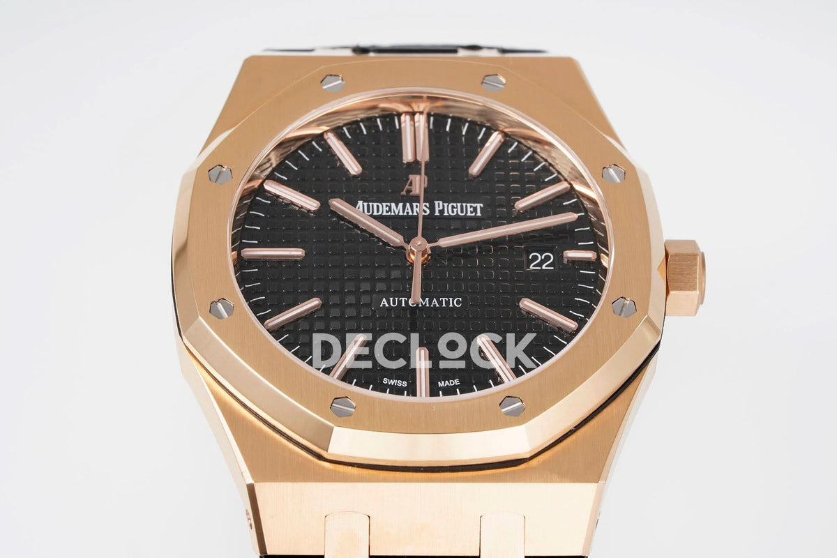 Replica Audemars Pigeut Royal Oak 41mm 15400 RG APSF Black Dial on Black Leather Strap |  Declock.