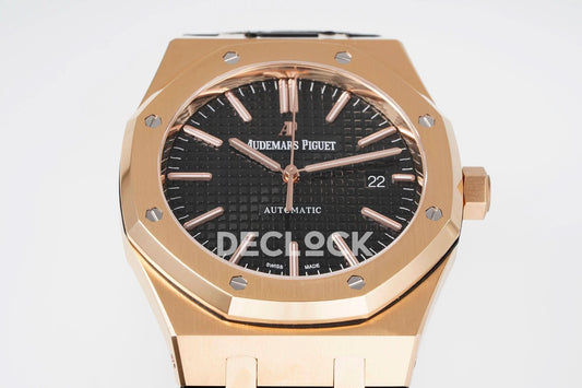 Replica Audemars Pigeut Royal Oak 41mm 15400 RG APSF Black Dial on Black Leather Strap |  Declock.