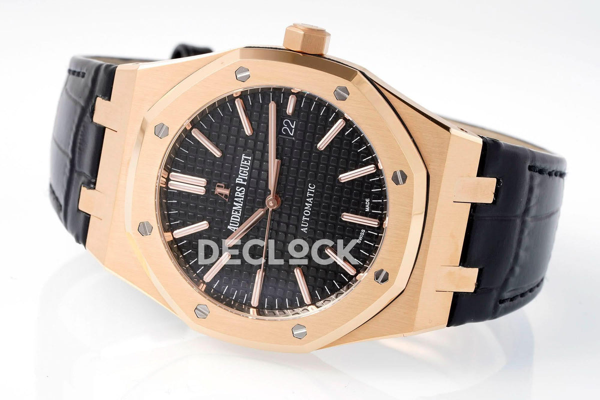 Replica Audemars Pigeut Royal Oak 41mm 15400 RG APSF Black Dial on Black Leather Strap |  Declock.