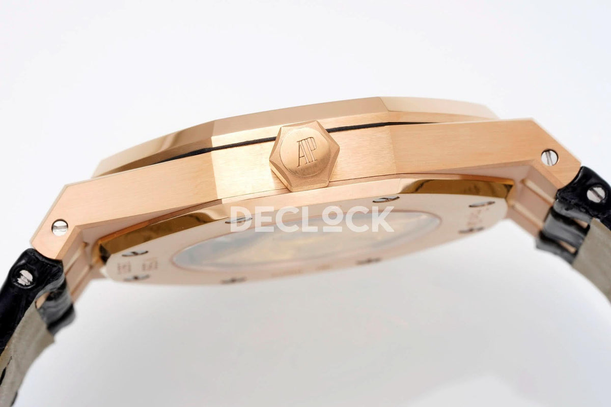 Replica Audemars Pigeut Royal Oak 41mm 15400 RG APSF Black Dial on Black Leather Strap |  Declock.