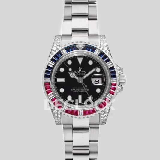 Replica Rolex GMT Master II 116758 Pepsi Black Dial in Steel with Paved Diamond Bezel | Declock.