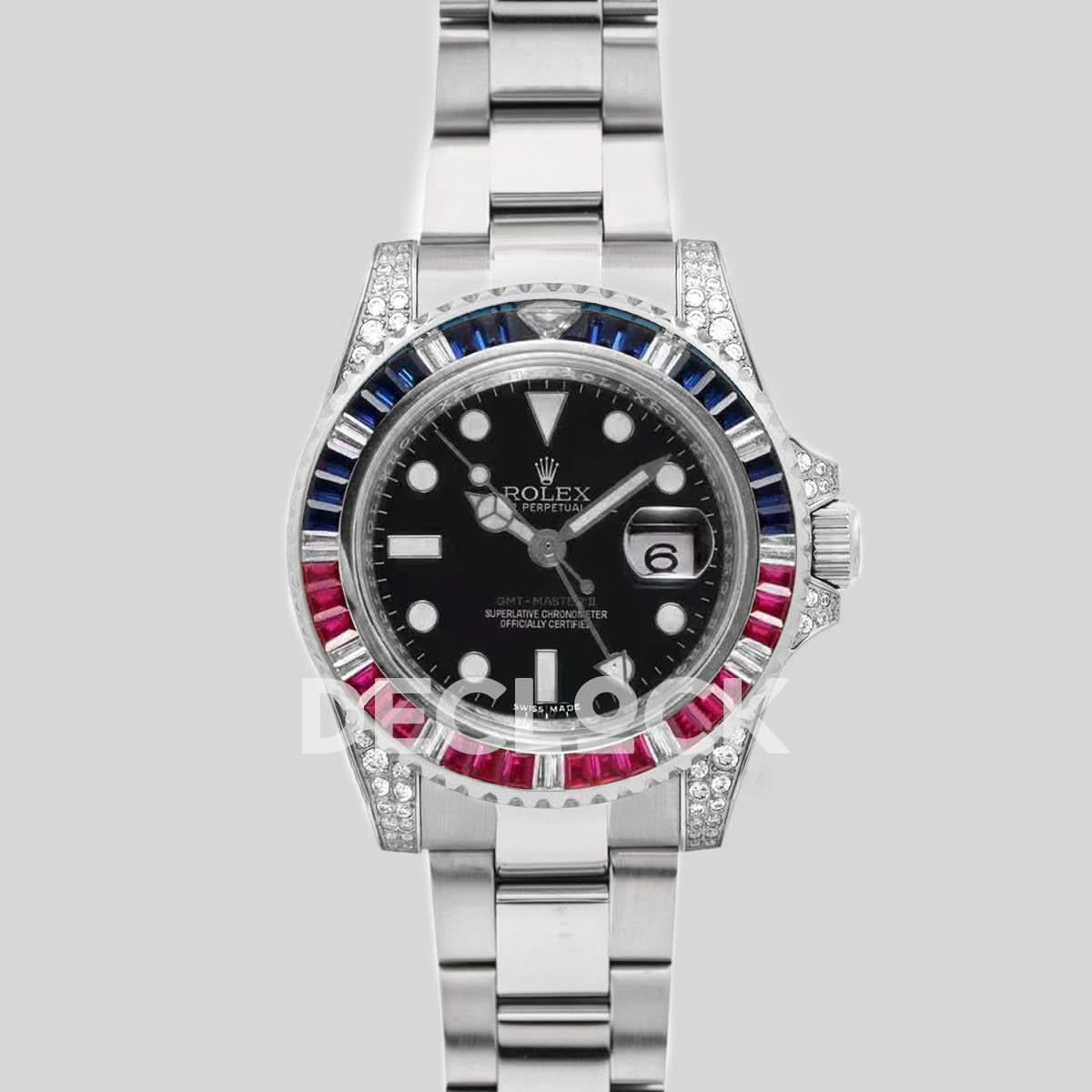 Replica Rolex GMT Master II 116758 Pepsi Black Dial in Steel with Paved Diamond Bezel |  Declock.