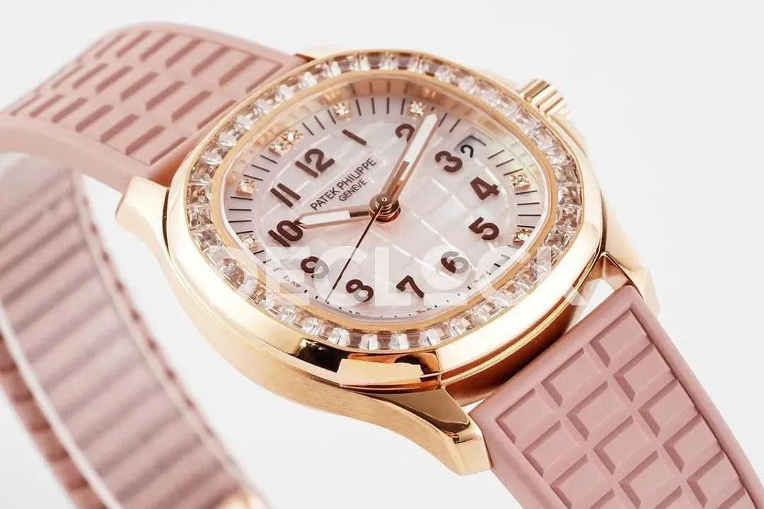 Replica Pattek Philippe Aquanaut 5068 RG Pink Textured Dial on Pink Rubber Strap |  Declock.
