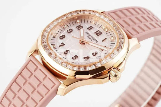 Replica Pattek Philippe Aquanaut 5068 RG Pink Textured Dial on Pink Rubber Strap |  Declock.