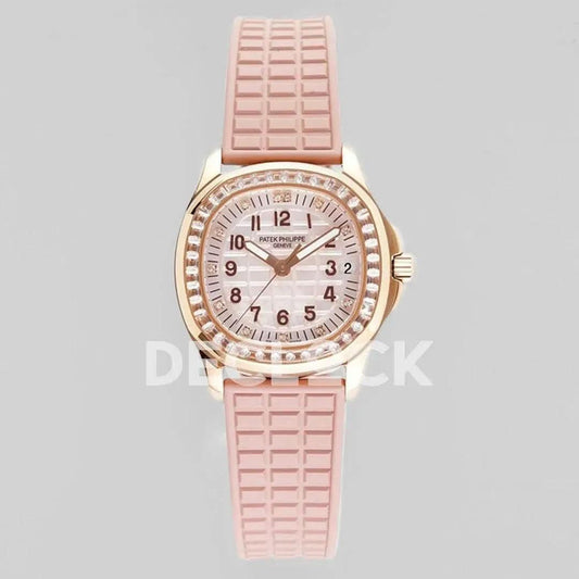 Replica Pattek Philippe Aquanaut 5068 RG Pink Textured Dial on Pink Rubber Strap | Declock.