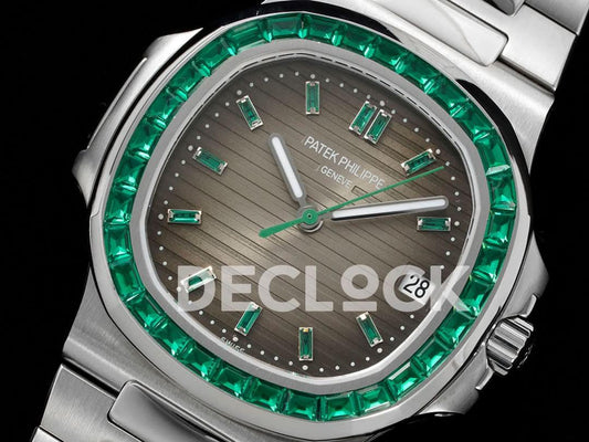 Replica Pattek Philippe Nautilus 5711 Brown Dial Green Diamond Bezel |  Declock.