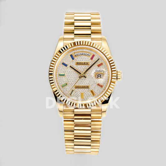 Replica Rolex Day-Date 36 128238 Diamond Dial in YG | Declock.