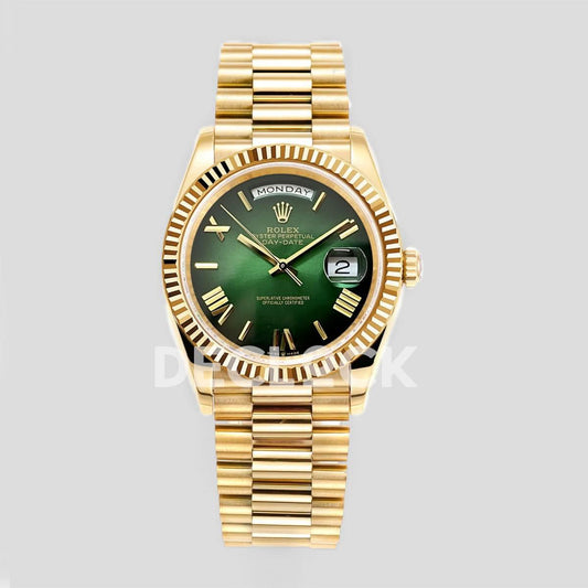 Replica Rolex Day-Date 36 128238 Ombre Green Dial in YG | Declock.