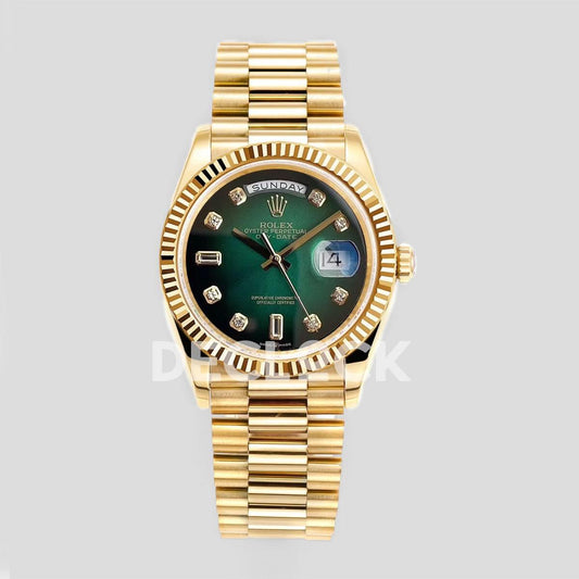 Replica Rolex Day-Date 36 128238 Ombre Green Diamonds Dial in YG | Declock.