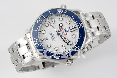 Seamaster Diver 300M SS Blue Ceramic Bezel White Dial on SS Bracelet