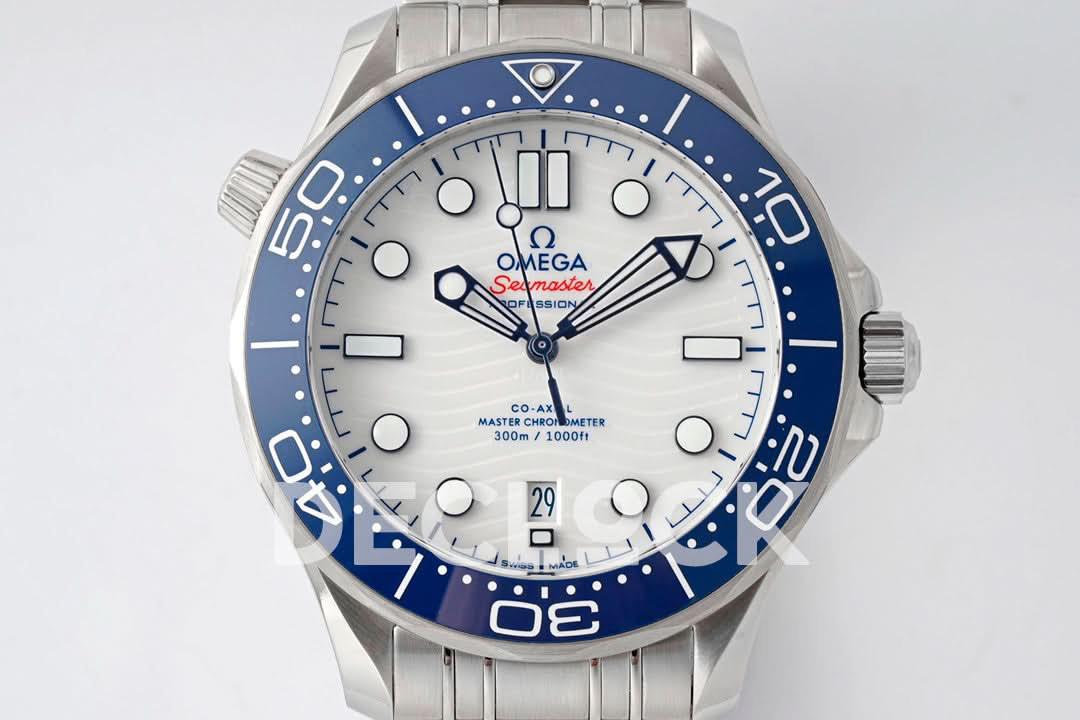 Replica Declock Seamaster Diver 300M SS Blue Ceramic Bezel White Dial on SS Bracelet |  Declock.