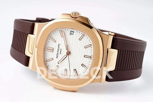 Replica Pattek Philippe Nautilus 5711/1R White Textured Dial on Brown Rubber Strap | Declock.