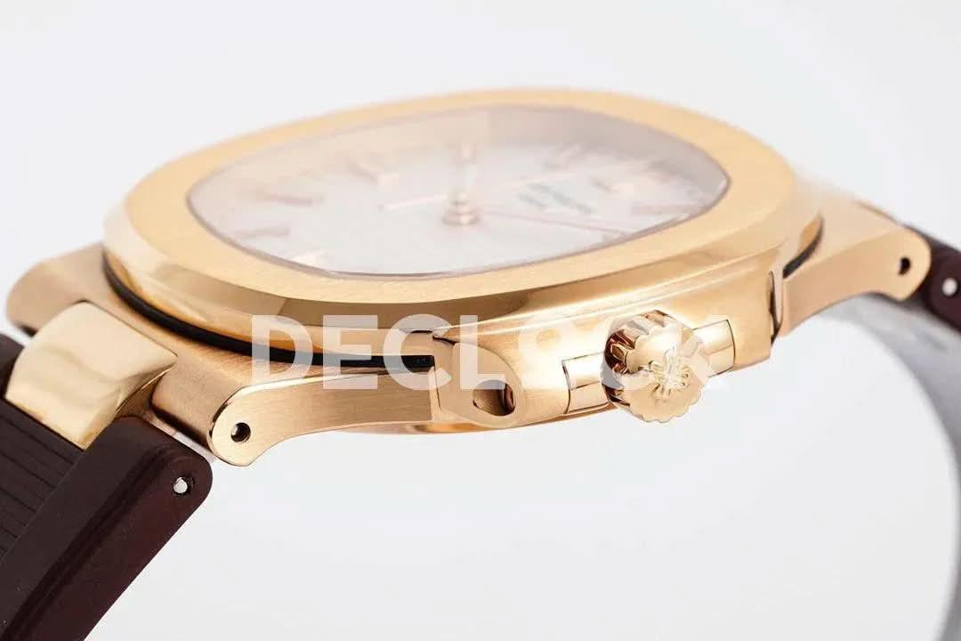 Replica Pattek Philippe Nautilus 5711/1R White Textured Dial on Brown Rubber Strap |  Declock.