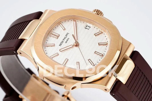 Replica Pattek Philippe Nautilus 5711/1R White Textured Dial on Brown Rubber Strap | Declock.
