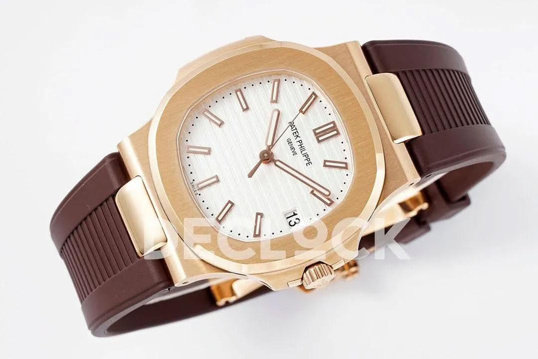 Replica Pattek Philippe Nautilus 5711/1R White Textured Dial on Brown Rubber Strap |  Declock.