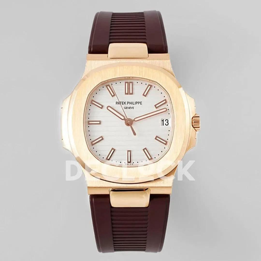 Replica Pattek Philippe Nautilus 5711/1R White Textured Dial on Brown Rubber Strap |  Declock.