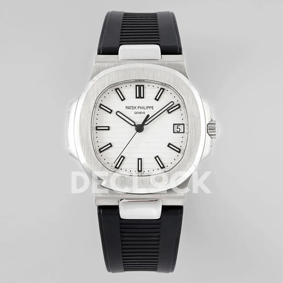 Replica Pattek Philippe Nautilus 5711/1A White Textured Dial on Black Rubber Strap |  Declock.